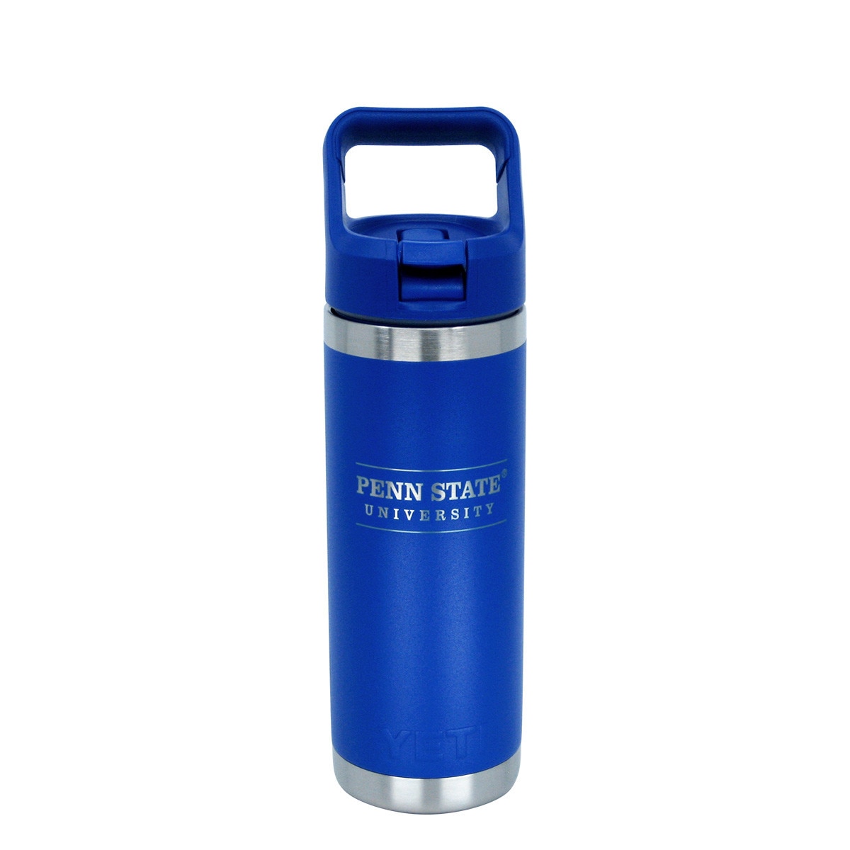 royal blue Yeti Rambler 18oz bottle with Penn State University and straw cap